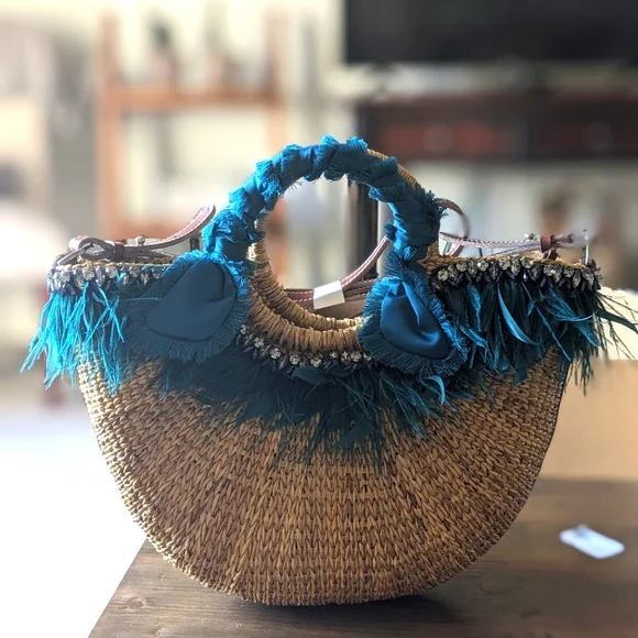 NWT! Sam Edelman Eliya Emerald Feather Straw Bag - Picture 2 of 7